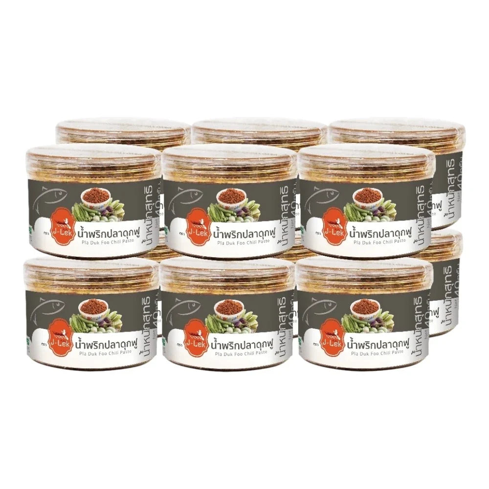 J-LEK Jae Lek Fluffy Catfish Chili Paste in 40g plastic jar, dry grocery condiment with spicy, flavorful chili catfish paste.