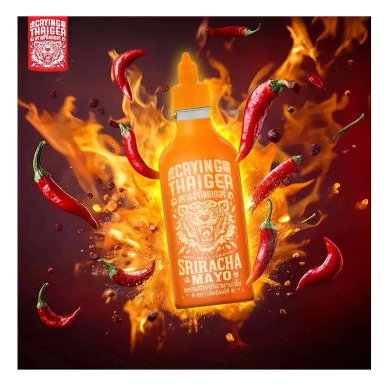 Crying Thaiger Sriracha Mayo Chili Sauce in 493g bottle, creamy condiment with spicy sriracha flavor and tiger branding.