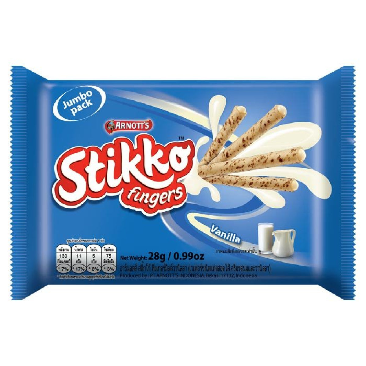 Arnott's Stikko Fingers Vanilla Wafer snack with crispy vanilla-flavored wafers and chocolate coating, perfect for sweet treats.
