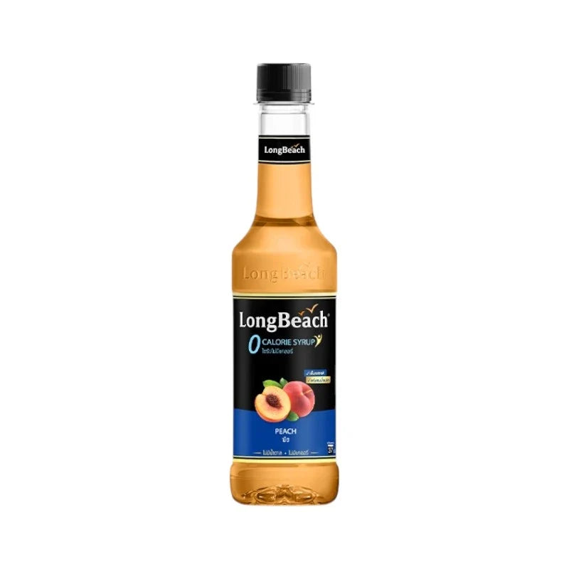 LongBeach Zero Calories Peach Syrup bottle, dry grocery product with a peach flavor, shown in a clear image.