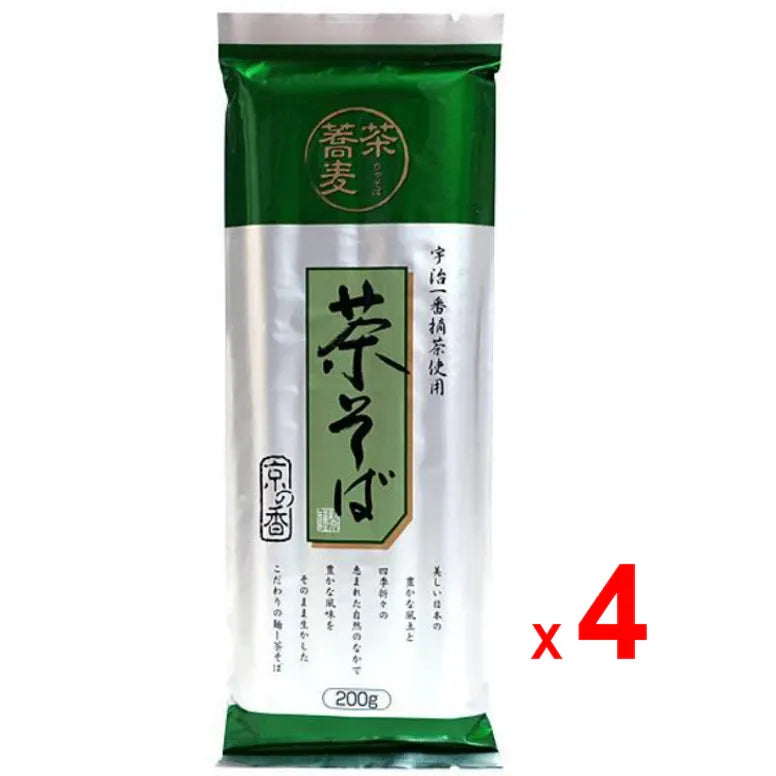 Kanesu Kyo No Kaori green tea soba noodles, dry Japanese chasoba made with high-quality green tea, in a clear packaging.