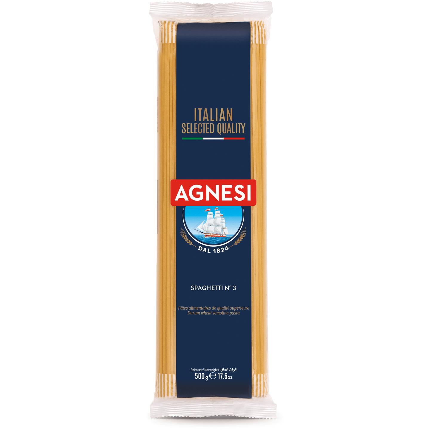 Agnesi Spaghettini #3 pasta in a clear package, ready for cooking, part of Agnesi grocery pasta product line