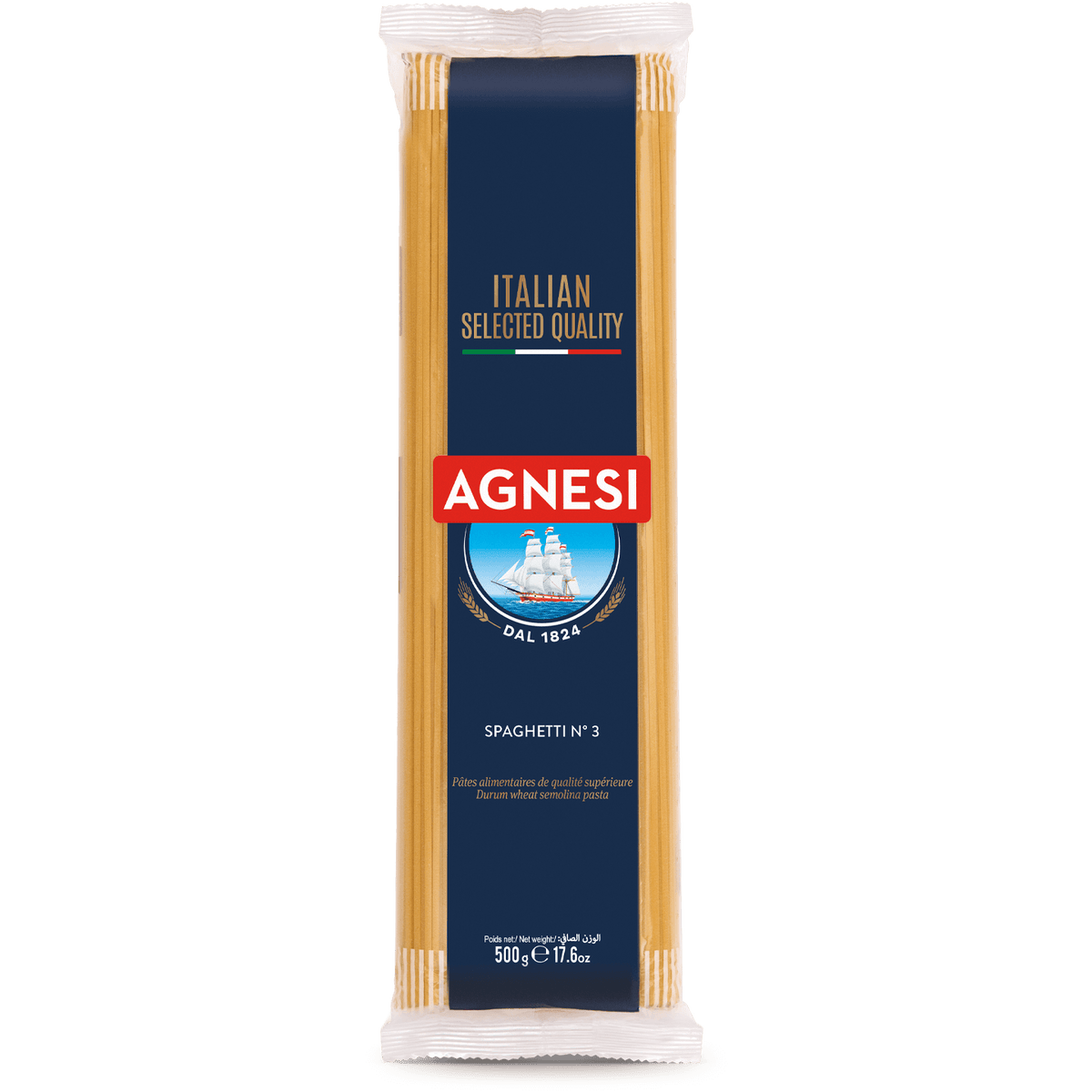 Agnesi Spaghettini #3 pasta in a clear package, ready for cooking, part of Agnesi grocery pasta product line