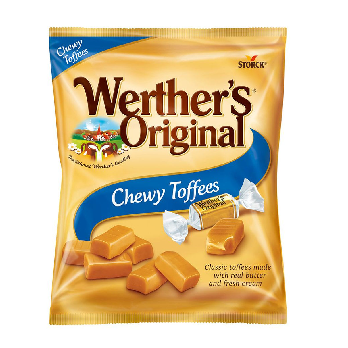 Werther's Original caramel chew candy showing golden caramel wrapper and textured caramel piece on a white background