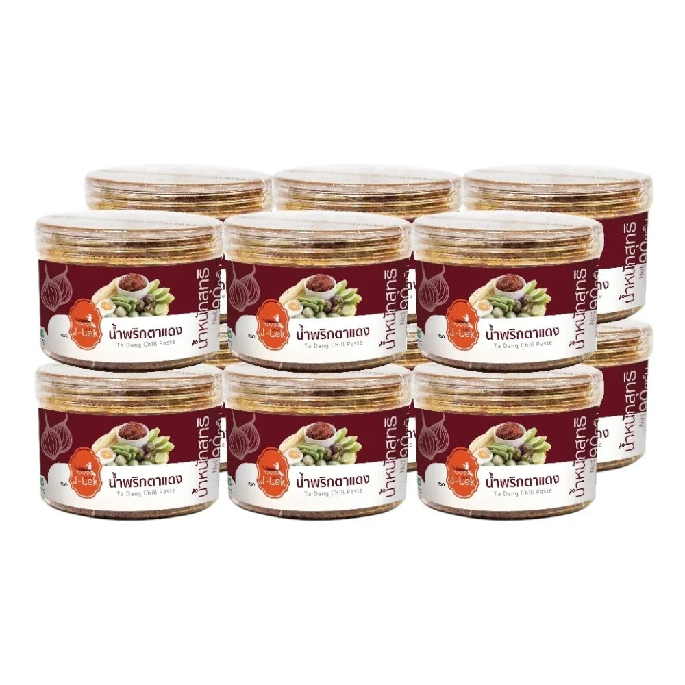 J-LEK Red Eye Chili Paste in 90g plastic jars, dry grocery product, showing a row of vibrant red chili paste jars.
