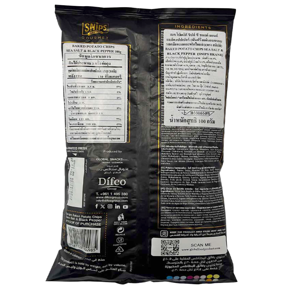 Snips Sea Salt and Black Pepper Potato Chips, crunchy snack with seasoned potato slices in a colorful bag.