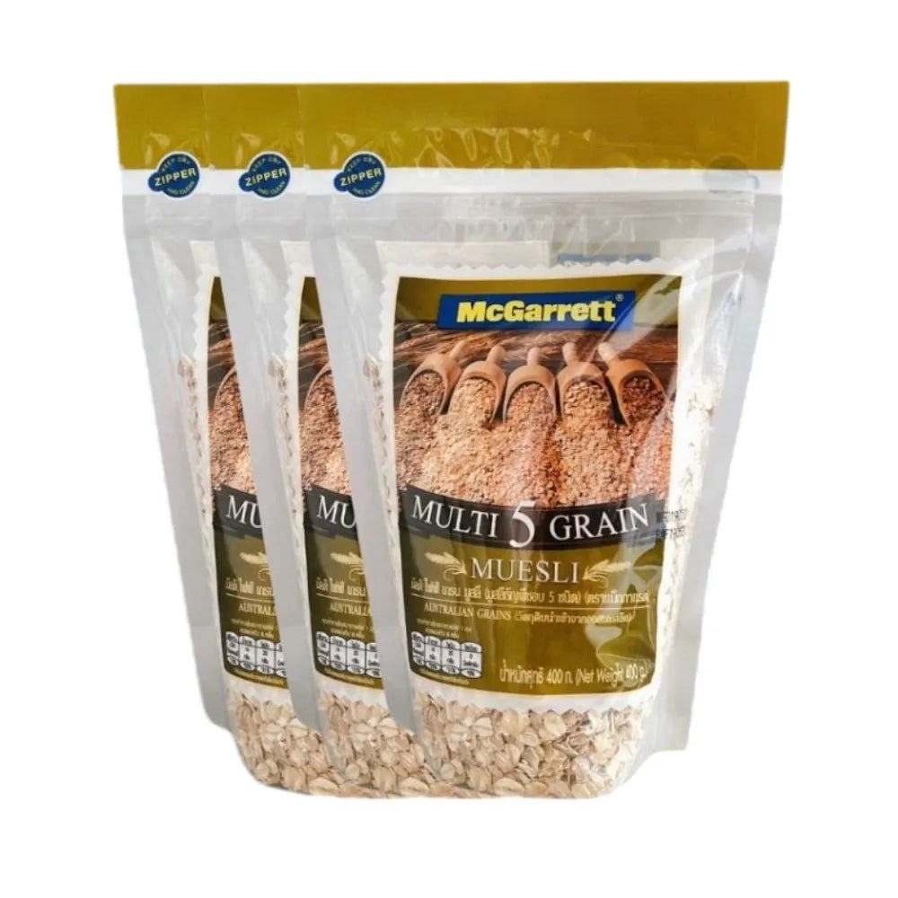 Mcgarrett 5-grain baked muesli in 400g package, featuring a mix of grains and dried fruits for a healthy breakfast.