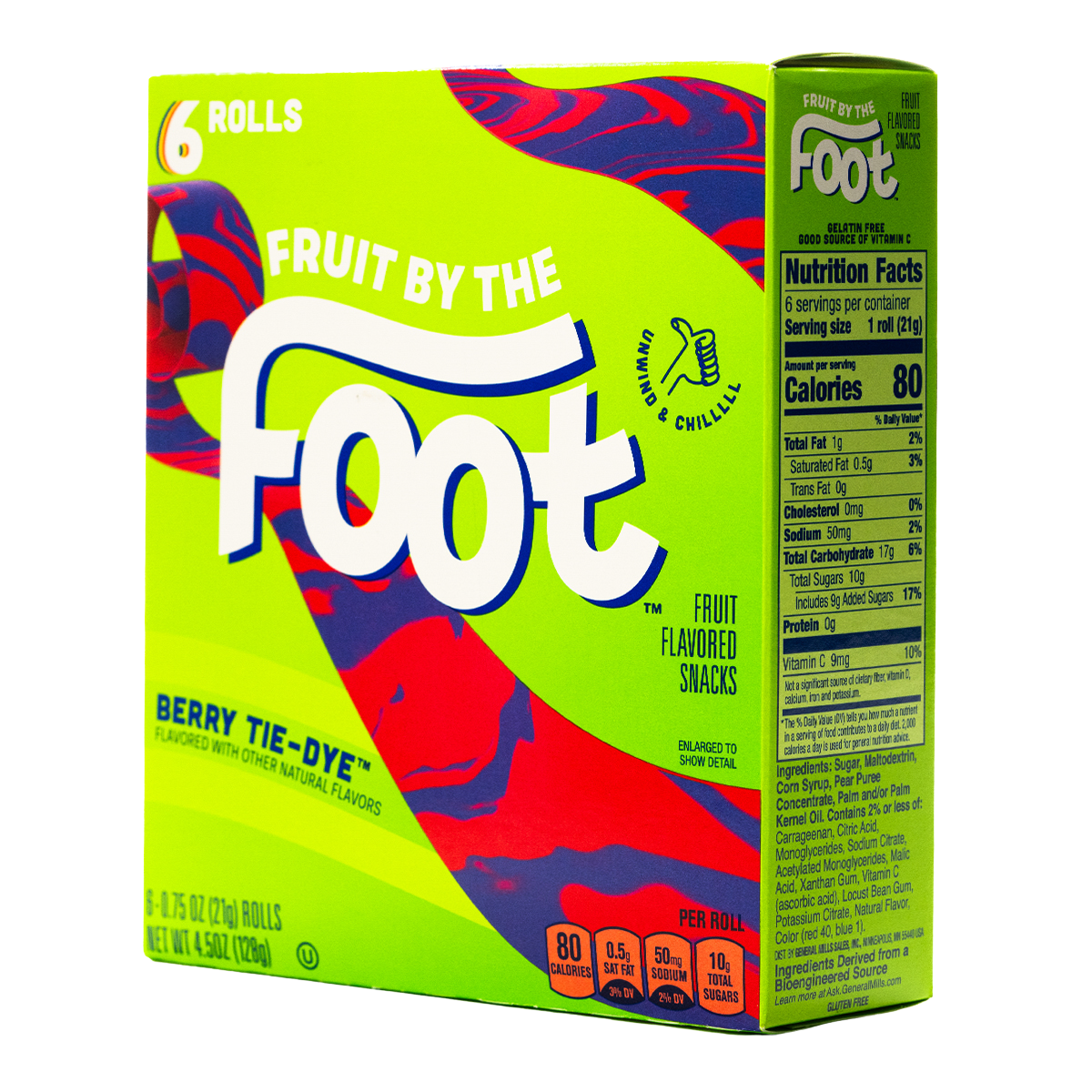 Fruit by the Foot Berry Tie Dye Fruit Snacks in 6 rolls, colorful chewy confectionery snacks for kids.