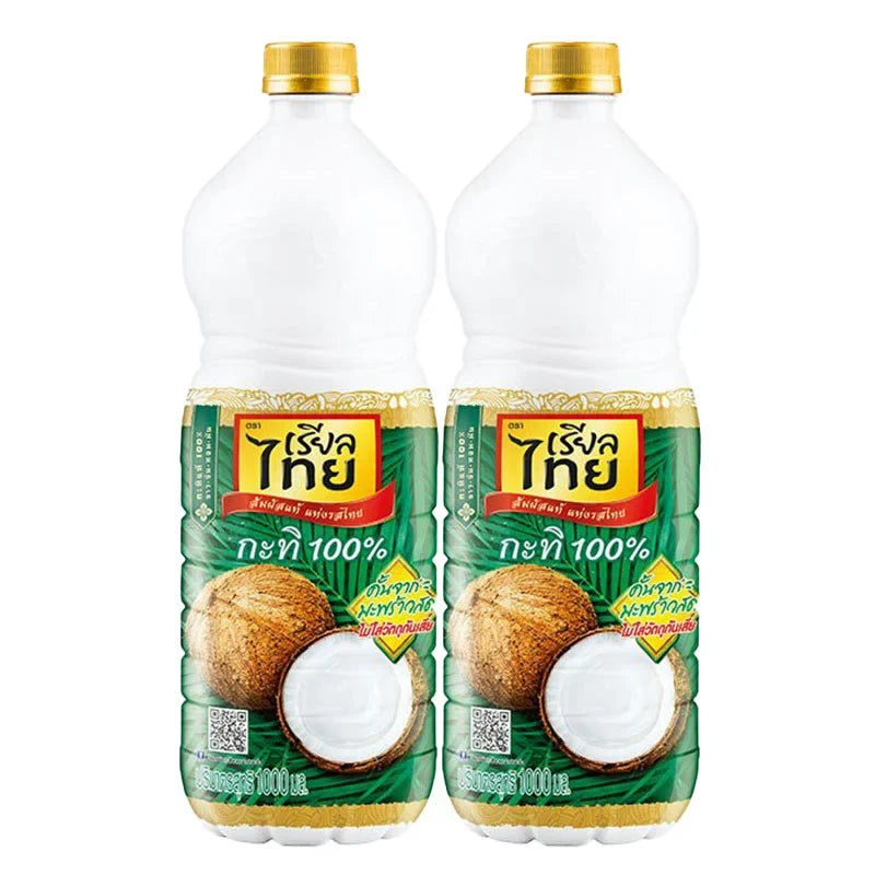 Real Thai Coconut Milk Pet 1L bottles, showcasing the packaging and product label for this dry grocery item.