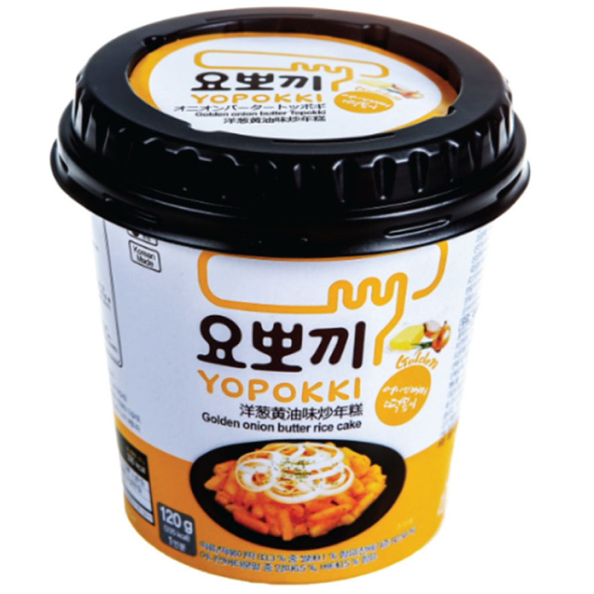 Youngpoong Yopokki Golden Onion Butter Topokki in a grocery package with spicy rice cakes and savory onion butter flavor.