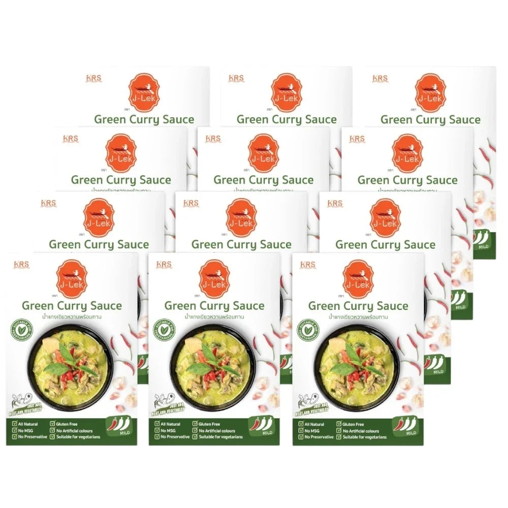 J-LEK Green Curry Paste packets, 250g, dry grocery product with vibrant green Thai curry paste in sealed packaging