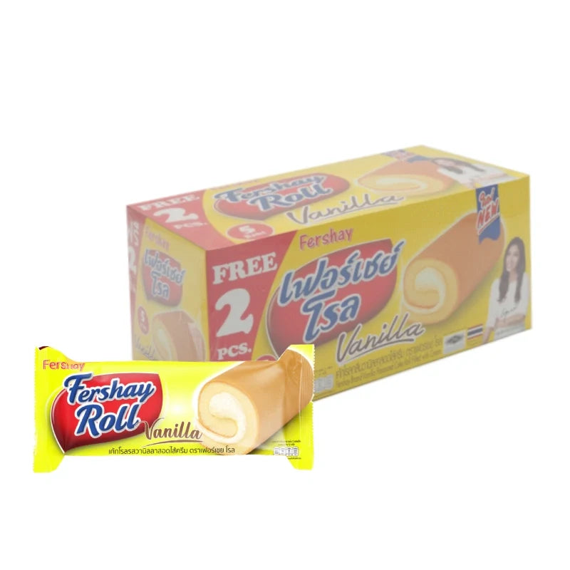 Fershay Vanilla Flavored Cake Roll filled with cream, 20g x12 packs, dry grocery snack, confectionery product.