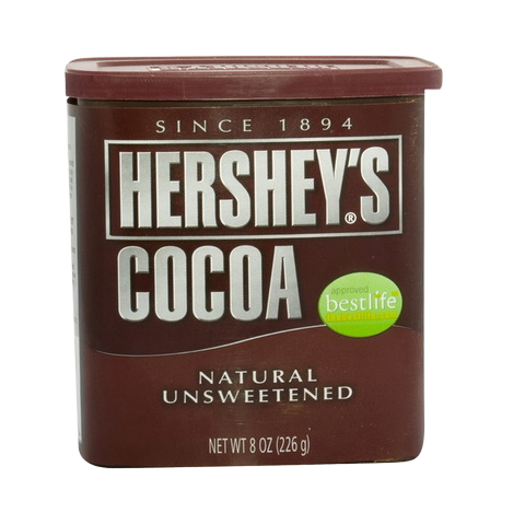 Hershey's Cocoa Powder drink mix in a container with a spoon, ready for making hot chocolate or baking.