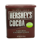 Hershey's Cocoa Powder drink mix in a container with a spoon, ready for making hot chocolate or baking.