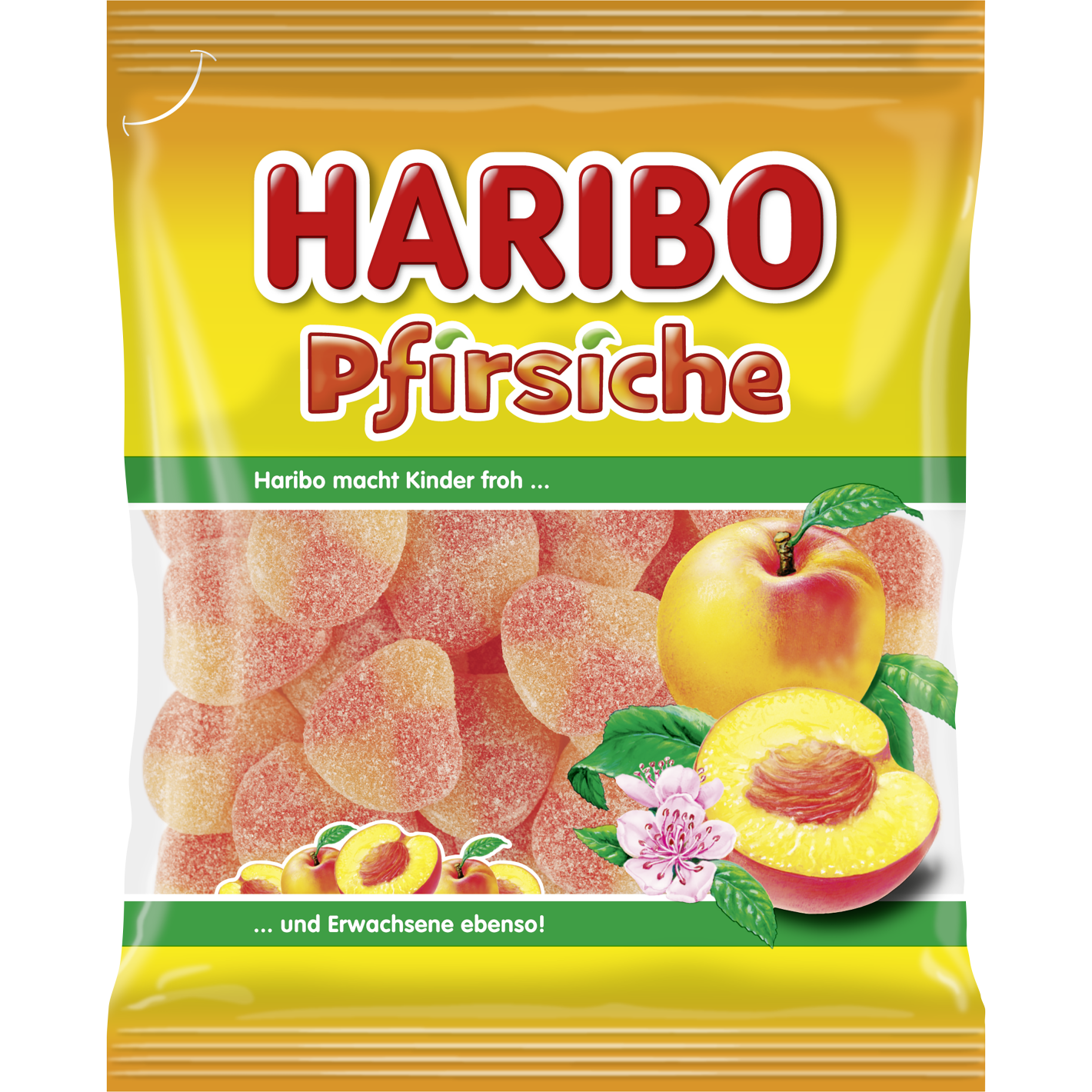 Haribo Peach Gummies in a clear plastic bag, colorful peach-shaped confectionery snacks, bright and appealing.