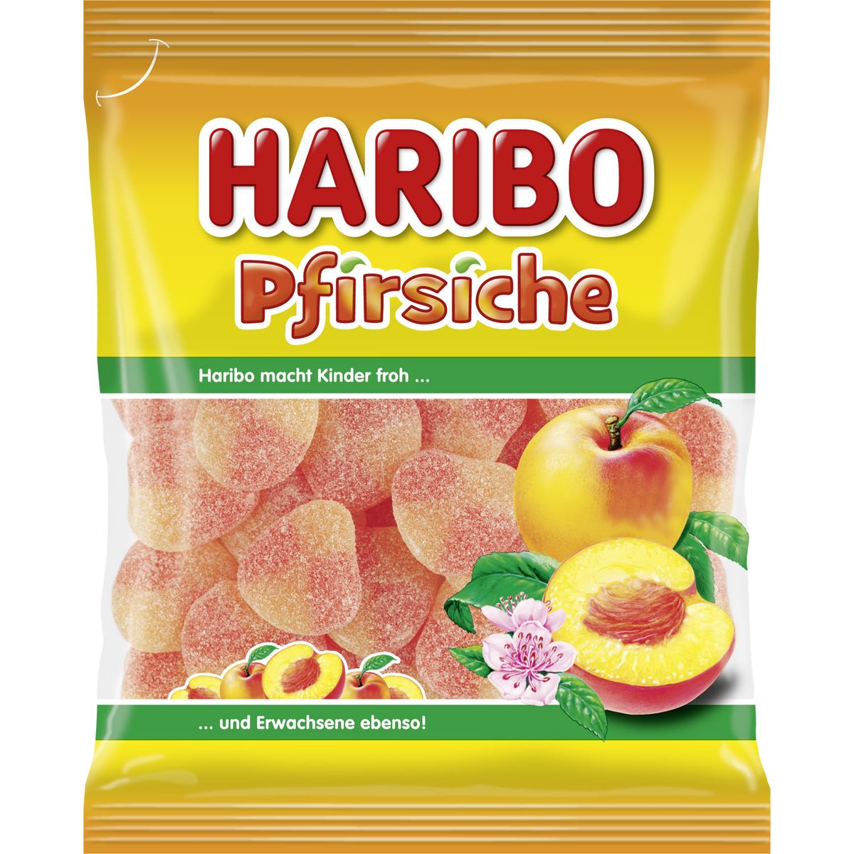 Haribo Peach Gummies in a clear plastic bag, colorful peach-shaped confectionery snacks, bright and appealing.