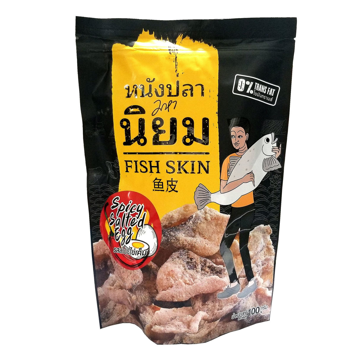 Mahaniyom fish skin spicy salted egg snack in a clear package, showing crispy fish skin coated with spicy salted egg seasoning.