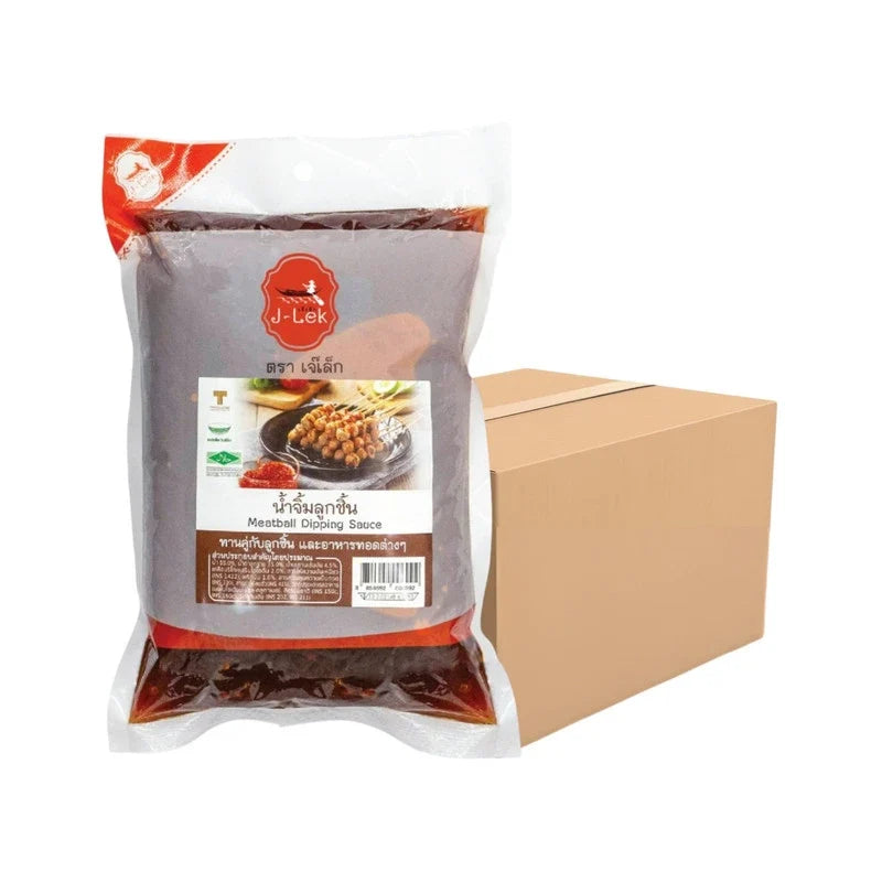 J-LEK Meatball Dipping Sauce in a 000g bag, dry grocery product, with a close-up of the sauce packet showing branding and packaging details.