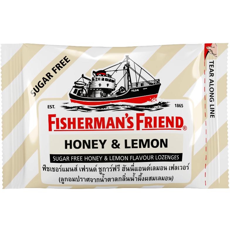 Fisherman's Friend Honey Lemon lozenges in a clear wrapper, showcasing the bright yellow and honey lemon flavor.