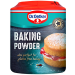 Container of Dr. Oetker Baking Powder, a white powder used for baking, shown in a clear jar with a label.
