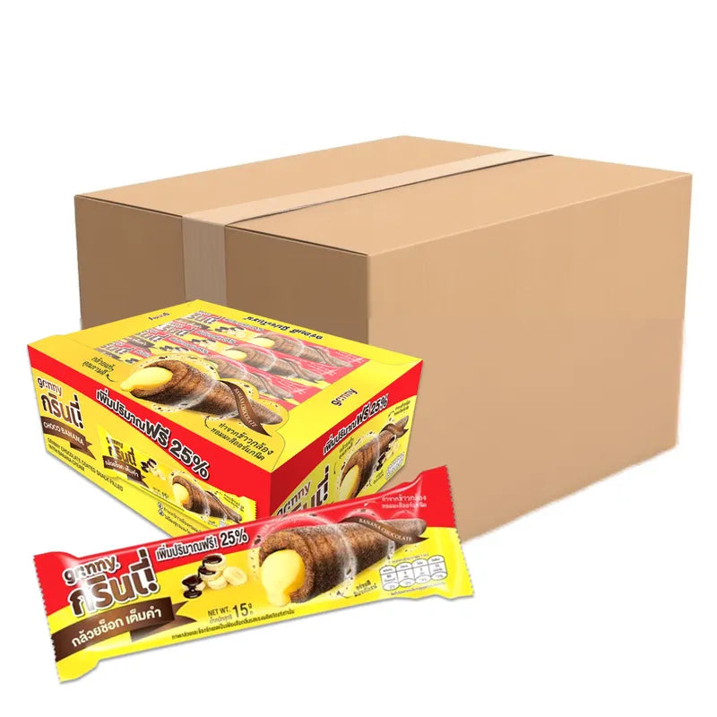 GRINNY chocolate-coated snack filled with banana cream, 15g individual piece, part of dry grocery snacks and confectionery.