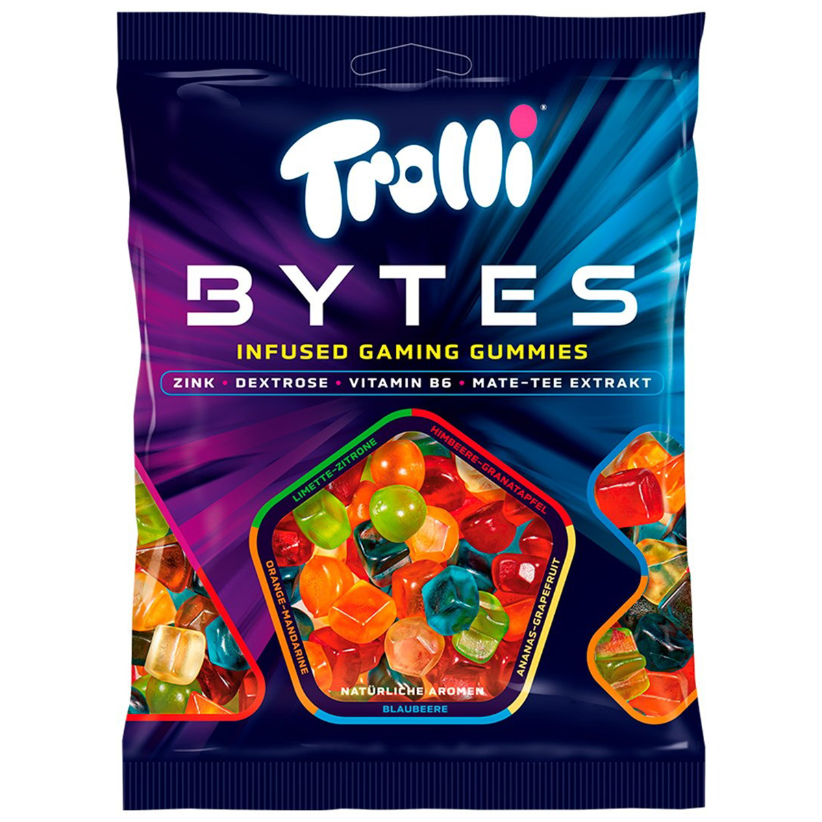 Colorful Trolli Bytes confectionery snacks in bright packaging, showcasing fun, chewy gummy candies from the Trolli brand.