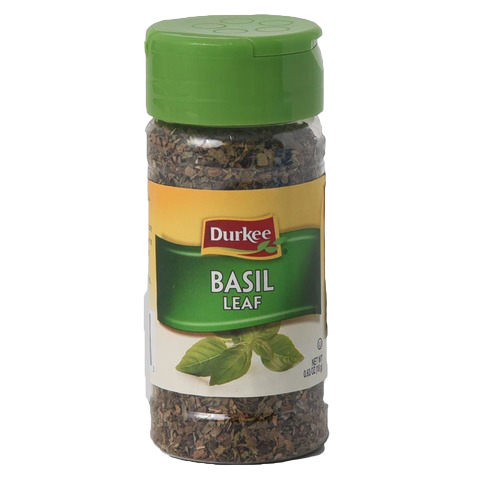Dry Durkee Sweet Basil in a jar, fresh green herbs used for cooking and seasoning in grocery recipes.