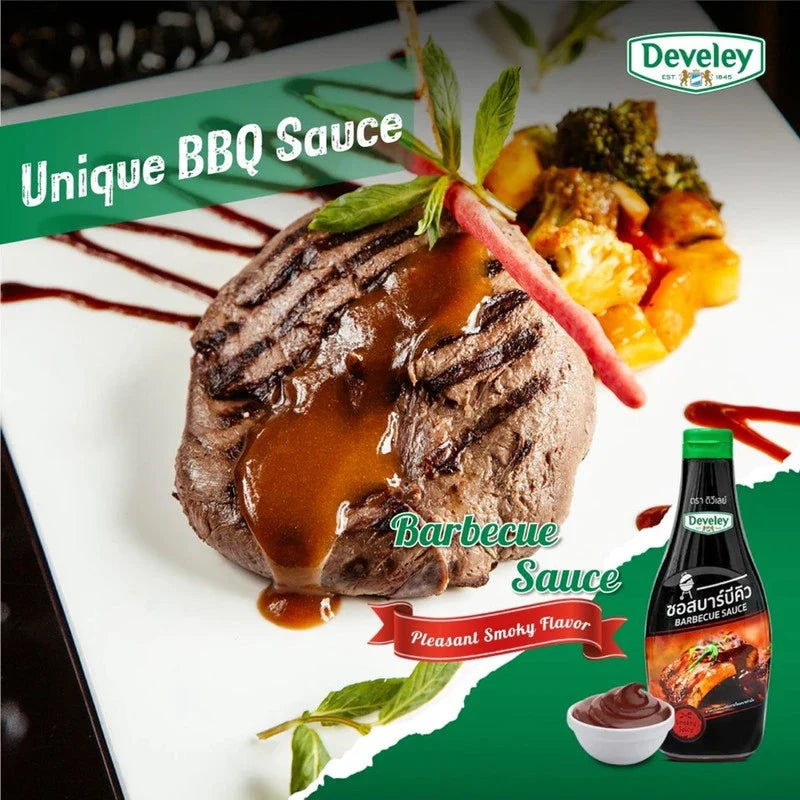 Develey BBQ Sauce bottle for dry grocery, featuring a label with branding and a squeeze-top cap.