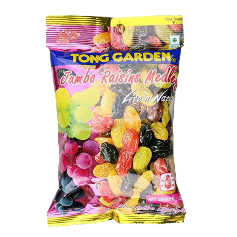 Tong Garden Jumbo Raisins Medley in a clear bowl, showcasing a mix of large, sweet raisins and dried fruit for snack enjoyment.