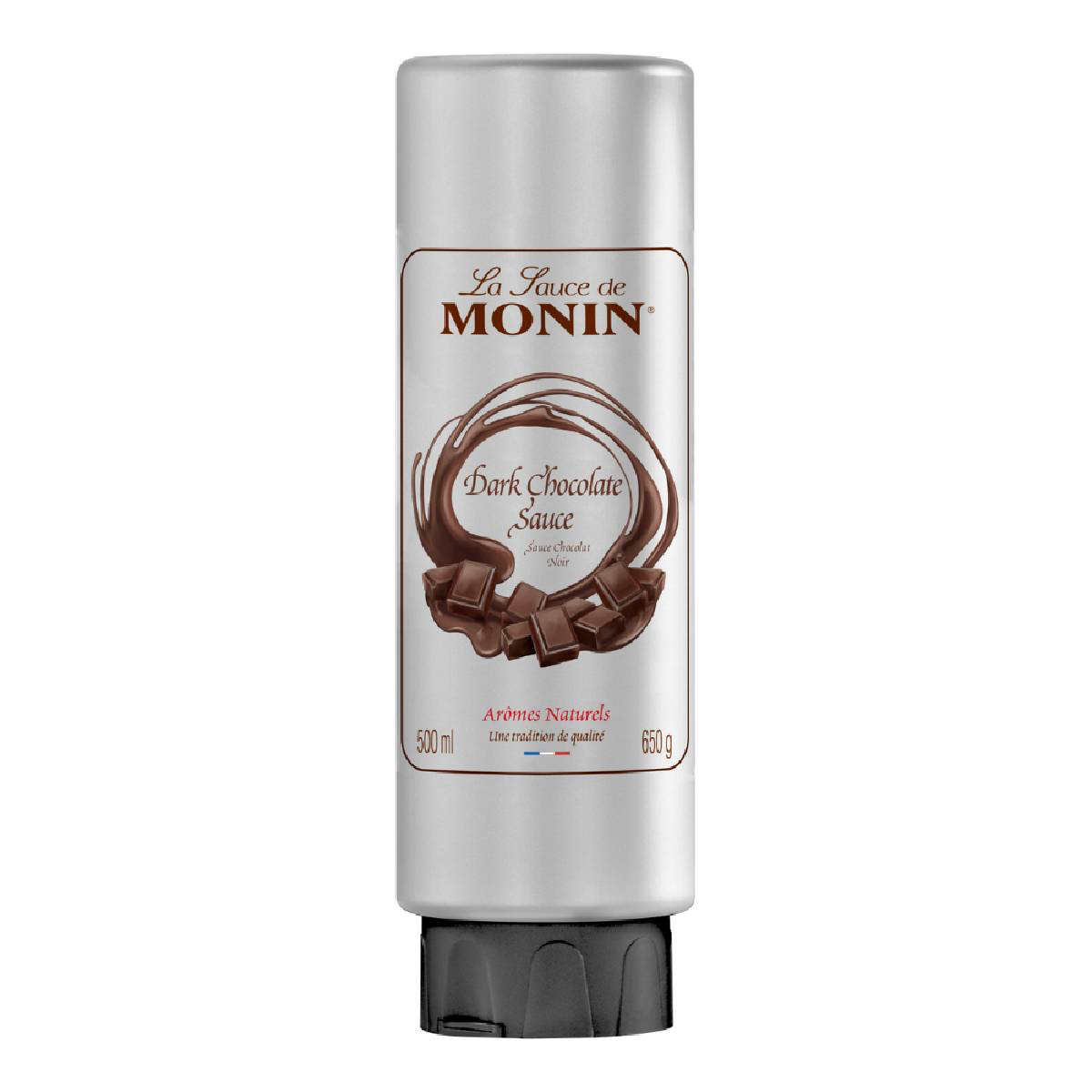 Monin dark chocolate sauce bottle for grocery use, featuring rich, smooth dark chocolate flavor in a clear plastic container.