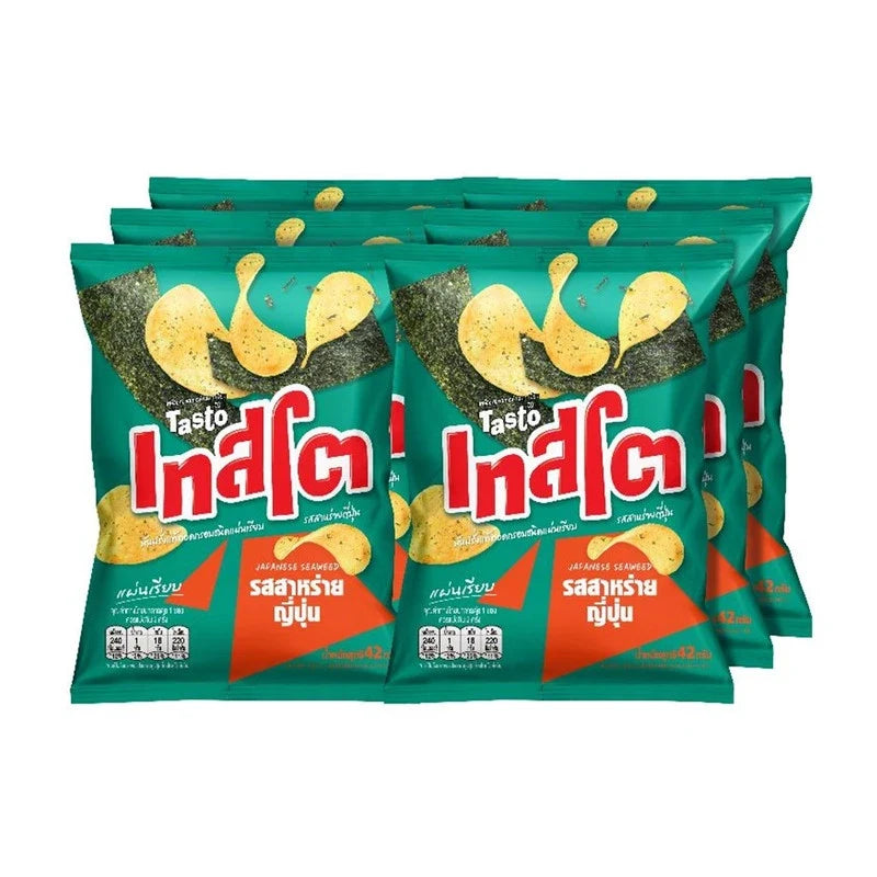 Tasto crispy potato chips with Japanese seaweed flavor, 42g pack, shown in a close-up image of the snack.