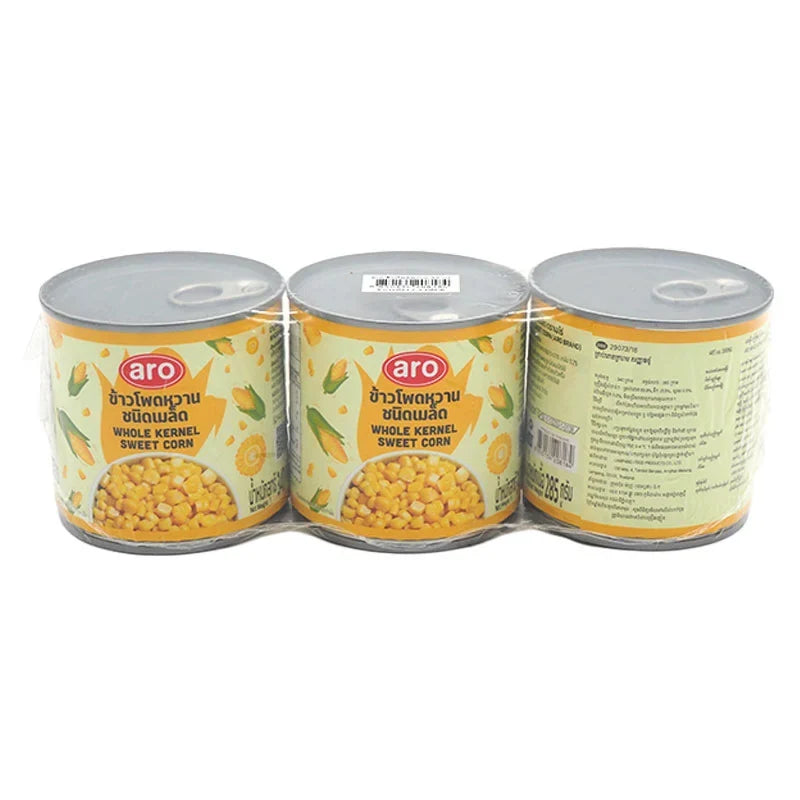 Aro Sweet Corn in 340g cans, three-pack, showing golden corn kernels in metal cans for dry grocery shopping.