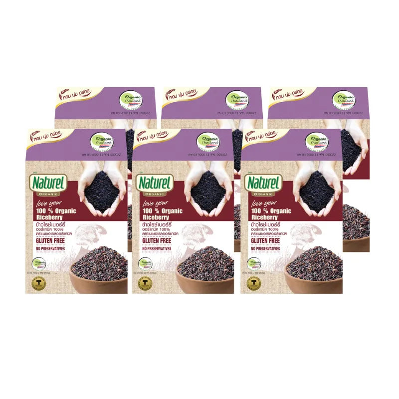 Box of six 1kg packages of Naturel Organic Riceberry rice, natural dry grocery product with brown-purple grains.