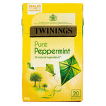 Twinings Pure Peppermint tea bags, 20-count, fresh green peppermint leaves in a box, ideal for soothing herbal tea.