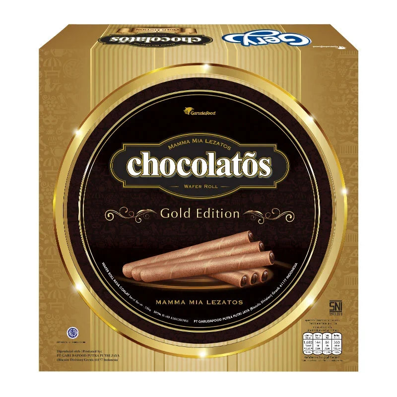 Gery Chocolatos Wafer Roll Gold Edition 350g, crispy snack with chocolate coating, displayed in a clear package.