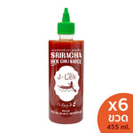 J-LEK Sriracha Chili Sauce bottle, 455ml, spicy chili sauce in clear glass bottle with red cap, for dry grocery use