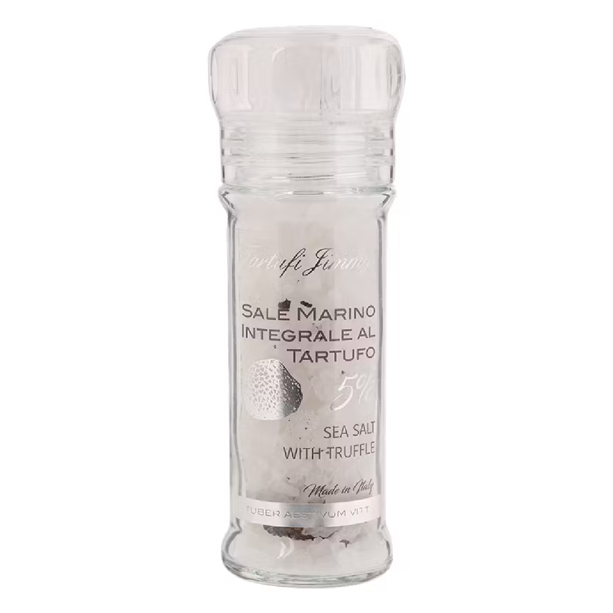 Tartufi brand sea salt with dried truffle, coarse-grained salt with black truffle pieces, ideal for gourmet cooking and seasoning.