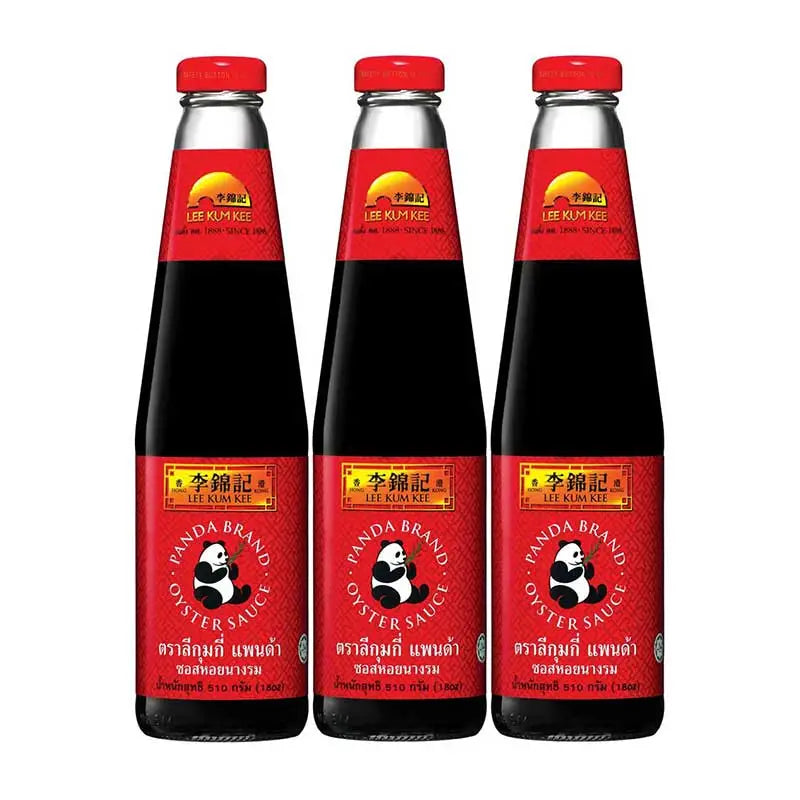 LEE KUM KEE Panda Oyster Sauce 510g bottles, dry grocery item with black and white panda logo on the labels