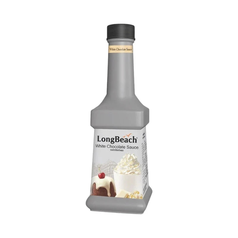 LongBeach White Chocolate Sauce 900ml bottle, creamy white chocolate drizzle for desserts and baking, in clear plastic bottle.