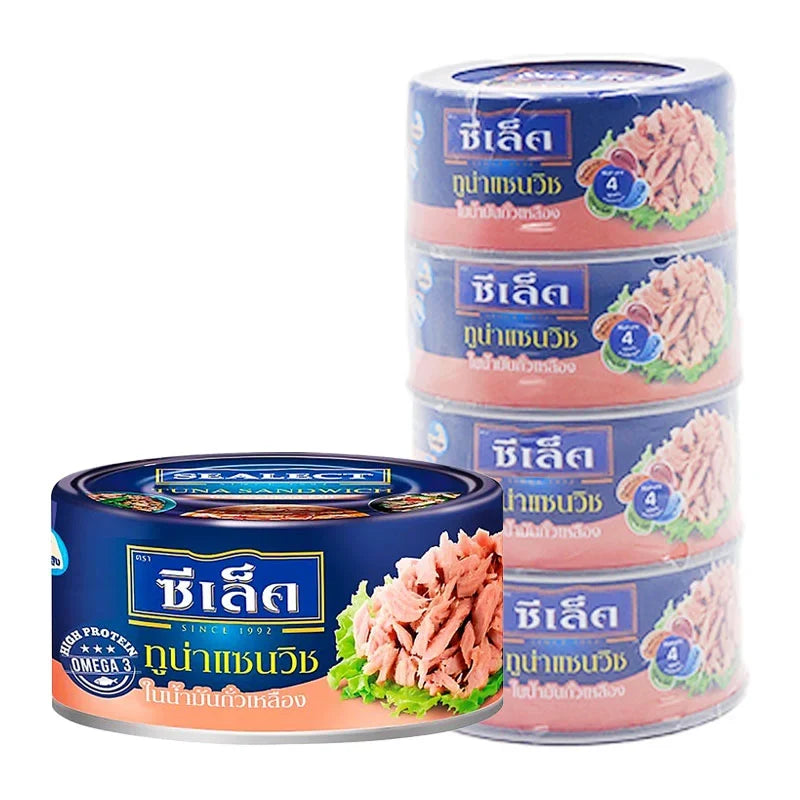 Sealect Tuna Sandwich in soybean oil, 165g can, showing the canned tuna product with label and product packaging.