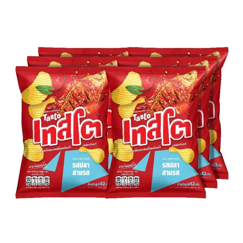 Tasto Crispy Potato Chips Three-Flavored Fish snack pack, 42g x6, in colorful packaging, ideal for dry grocery and snack lovers.