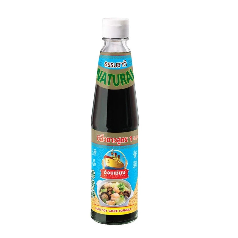 Bottle of Nguan Chiang Light Soy Sauce Formula 1, 300ml, in a clear plastic bottle with a green cap, used for cooking and seasoning.
