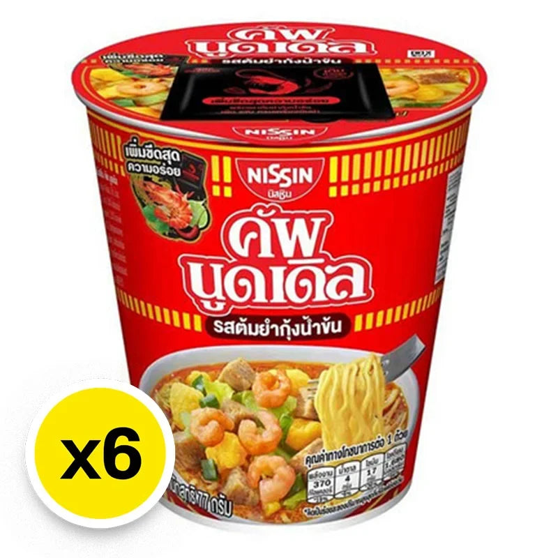 Nissin Cup Tomyum Kungnamkon instant noodles in a 77g cup, displayed with packaging and noodles inside.