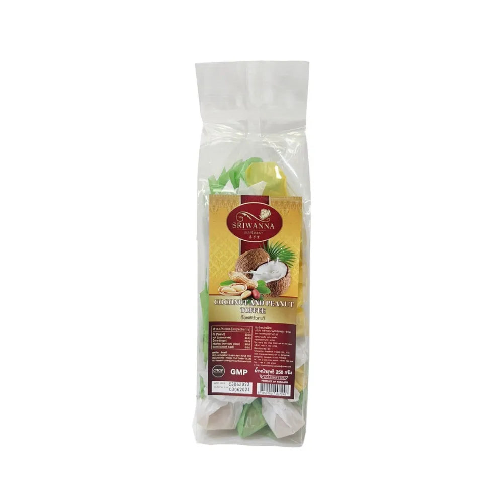 Sriwanna Coconut and Peanut Toffee in 250g package, close-up of golden toffee with coconut and peanut pieces