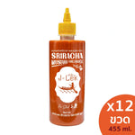 J-LEK Sriracha chili sauce and mustard bottles, 510g, in a mixed dry grocery set, showing colorful sauce bottles on a shelf.
