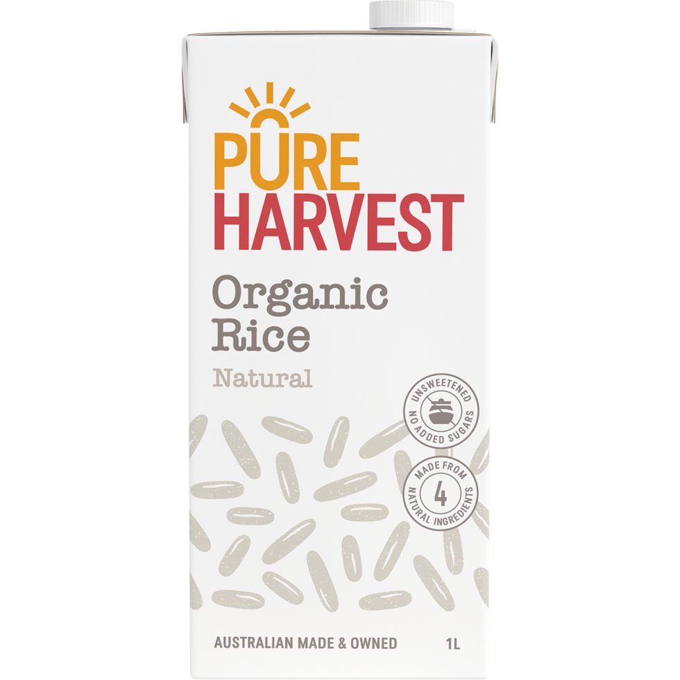 Pureharvest Original Rice Milk in a natural, healthy beverage bottle, showcasing the product's clean label and packaging.