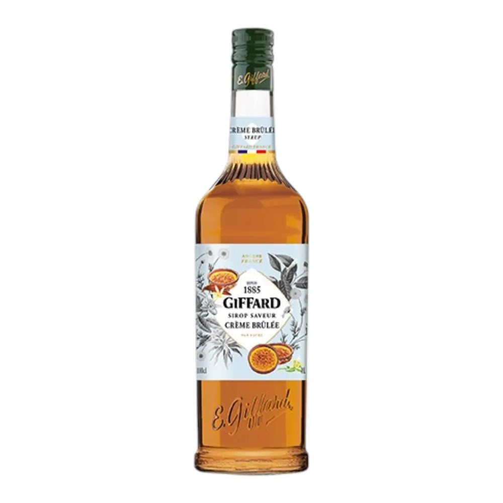 Giffard Barista Creme Brulee 1L bottle, a dry grocery flavoring for coffee and desserts, with a clear label and golden liquid inside.