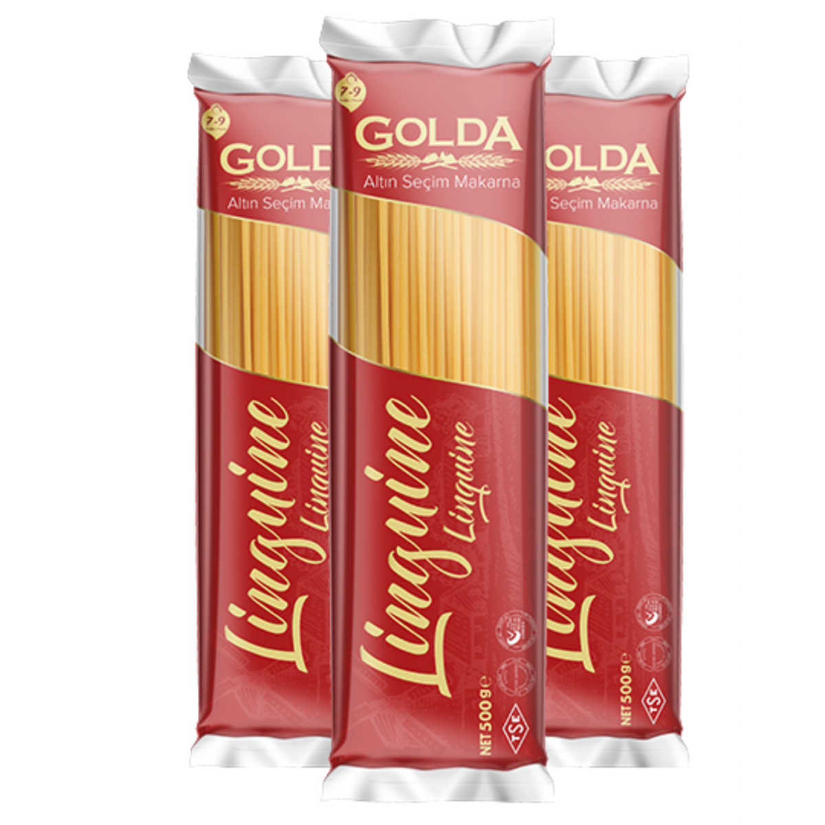 Golden Golda Linguine pasta in a package, showcasing the long, thin Italian noodle ideal for pasta dishes.