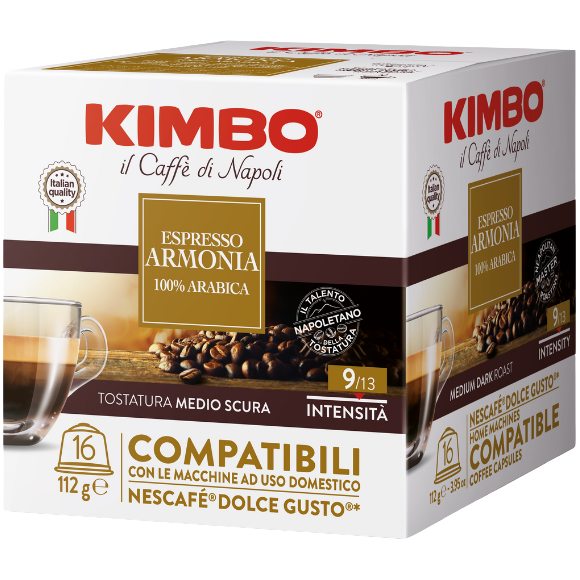 Kimbo Espresso Armonia Arabica coffee drink in a glass, showcasing rich coffee and creamy foam with a coffee bean garnish.