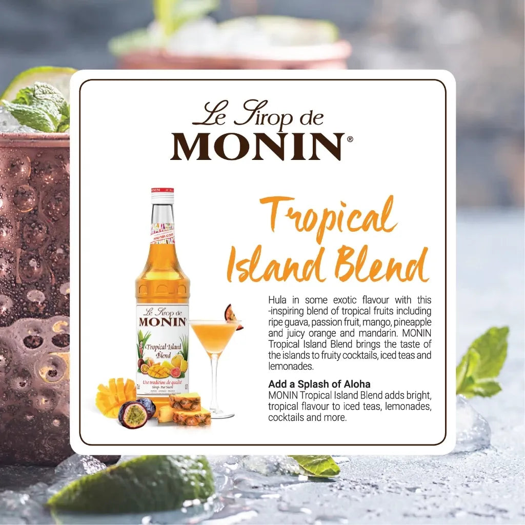 Monin Tropical Island Blend Syrup 700ml bottle, colorful label, ideal for cocktails and tropical beverages in dry grocery section